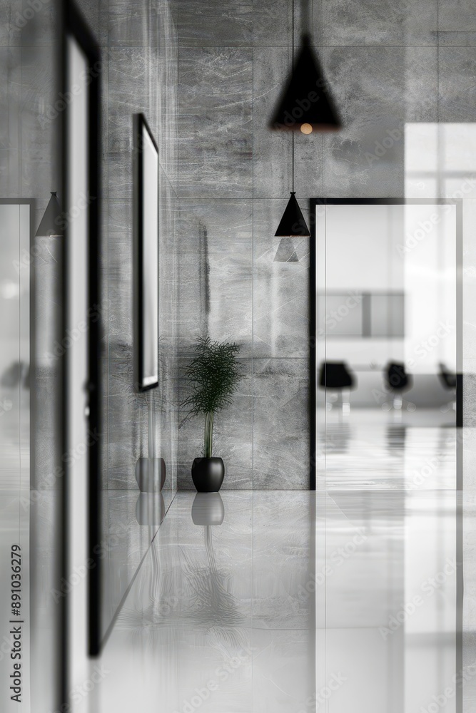 Poster a black chair is sitting at a table with a glass window behind it. the scene has a calm and peaceful