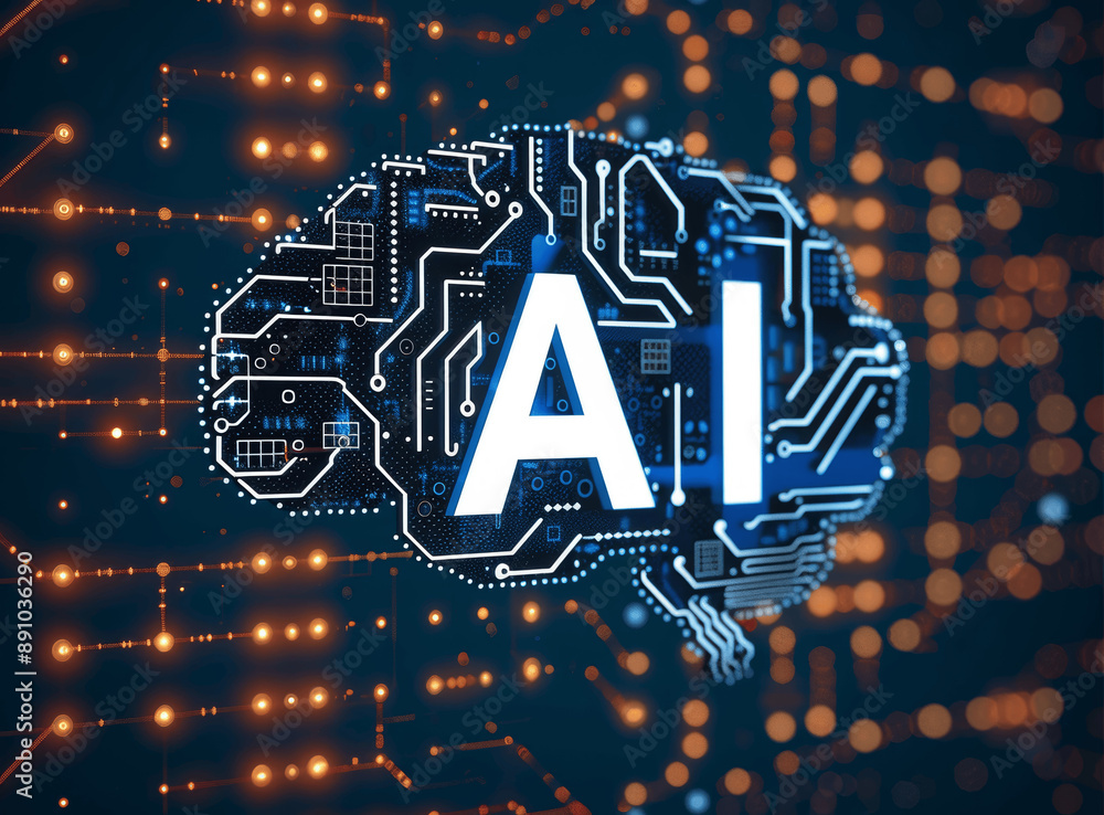 Poster ai brain with circuit board pattern, futuristic digital human, artificial intelligence technology ve