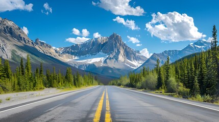Fototapeta premium Smooth asphalt road with majestic mountain peaks and clear blue sky