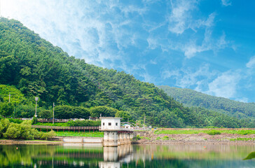 Fototapeta premium Wasserturm water tower in Ma-jang-ho-su lake, reservoir