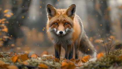 Obraz premium A red fox stares intently at the camera, standing in a bed of fall leaves with a soft, out-of-focus background