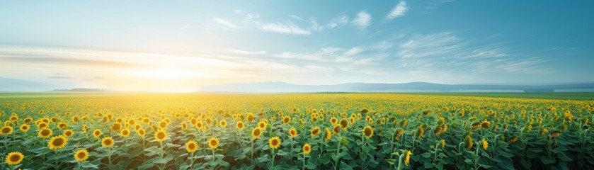 Fototapeta premium Sunflower Field at Sunrise with Clear Sky