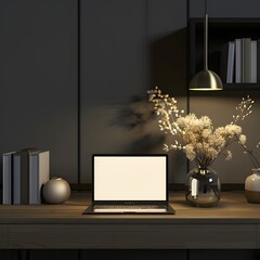mockup of laptop with empty screen, placed on a modern desk with soft lighting to showcase digital