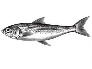 Fototapeta premium Black and white Vintage engraved art of a sardine isolated on white background, ink sketch illustration, simple vector art design, highly detailed line art, high contrasty