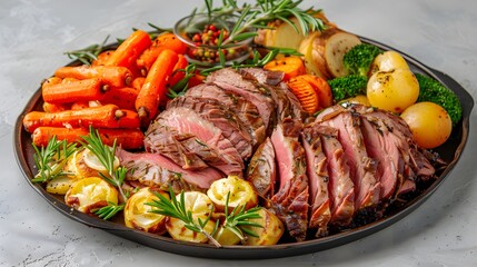 Contemporary Sunday roast platter with sliced roast beef and assorted vegetables