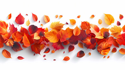 Vibrant autumn leaves in shades of red, orange, and yellow scattered against a white background.