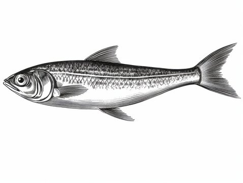 recommend clip art: Black and white Vintage engraved art of a sardine isolated on white background, ink sketch illustration, simple vector art design, highly detailed line art, high contrasty