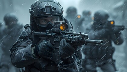 Fototapeta premium A soldier in full tactical gear aims a rifle in the rain