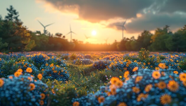 A field of yellow and blue flowers in a meadow with wind turbines in the background and a golden sunset