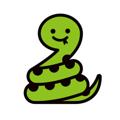 とぐろを巻いた、かわいい蛇のマスコットイラスト。漫画風の蛇のシンプルなイラスト素材。