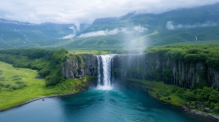 Fototapeta premium Majestic Waterfall in Verdant Mountain Landscape