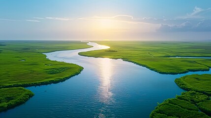 Fototapeta premium Serene River Winding Through Green Fields