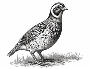 Fototapeta premium Black and white Vintage engraved art of a quail isolated on white background, ink sketch illustration, simple vector art design, highly detailed line art, high contrasty 