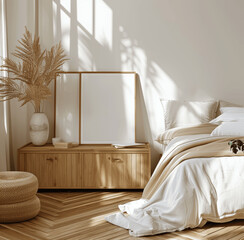 Modern Cozy Boho Bedroom with Blank Poster on Wooden Cabinet, Beige and White Linens, Bright Light Colors, Minimalist Style