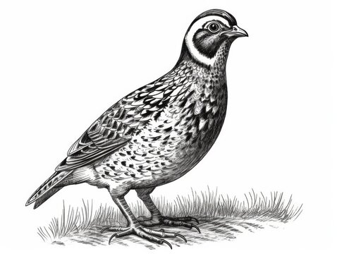 recommend clip art: Black and white Vintage engraved art of a quail isolated on white background, ink sketch illustration, simple vector art design, highly detailed line art, high contrasty 