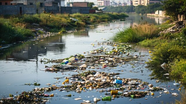Heavily polluted river filled with plastic waste and debris