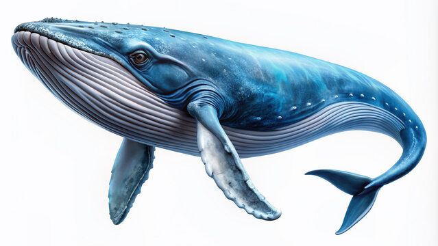 Majestic blue whale swims solo, its massive body and tail gracefully outlined, isolated on a transparent PNG background for easy editing and compositing. - Powered by Adobe