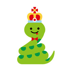とぐろを巻いた、かわいいへびのイラスト。王冠をかぶったへびのイラスト素材。
