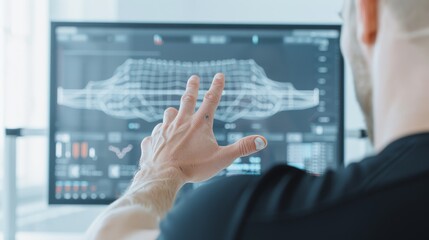 An athlete in a biomechanics lab, wearing high-tech monitoring equipment, seeing the true impact of their training on a digital display, striving for perfection