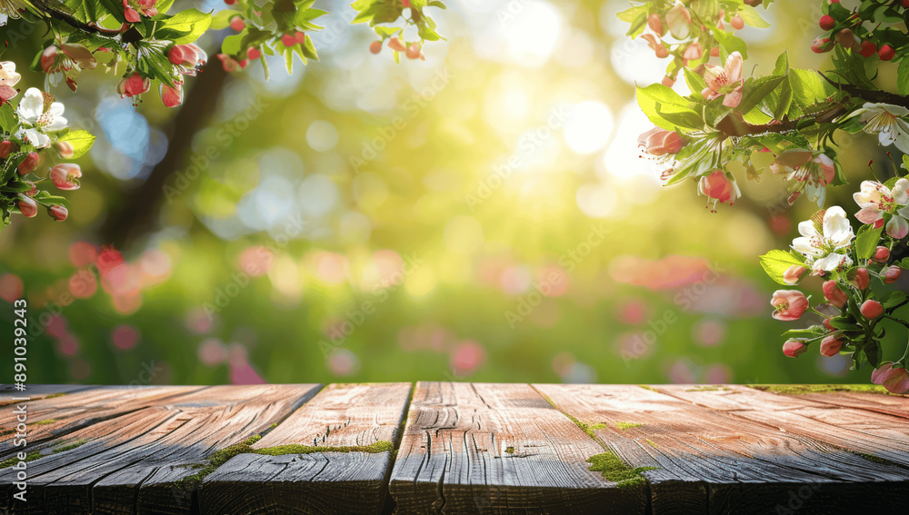 Wall mural spring background with empty wooden table and blossoming trees in lush green garden on sunny day