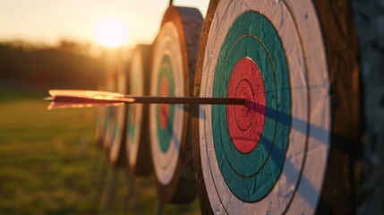 Archery targets lined up in a field during twilight, arrows piercing the bullseye