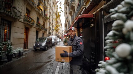 Obraz premium A man is holding a box on a rainy day