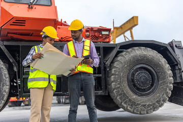 Two civil engineers are in safety uniform standing next to a heavy machine or tractor checking...