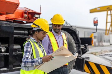 Two civil engineers are in safety uniform standing next to a heavy machine or tractor checking progress over a construction site. Coworkers have a conversation in a factory.