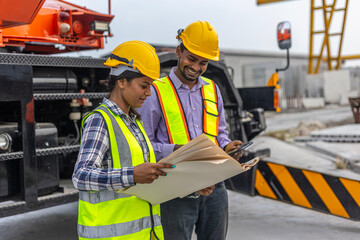 Two civil engineers are in safety uniform standing next to a heavy machine or tractor checking progress over a construction site. Coworkers have a conversation in a factory.