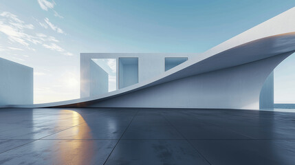 Obraz premium 3D Render of Abstract Futuristic Minimalist Architecture with Empty Concrete Floor and Curved Lines for Product Showcase