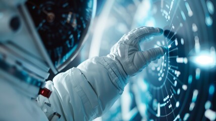 Astronaut aligning the spaceship for docking, intricate control panel details, high concentration, futuristic space station backdrop