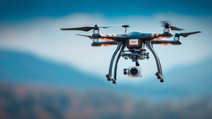 A high-tech drone in mid-flight, showing its various parts including propellers, camera, and sensors, with a focus on its advanced engineering