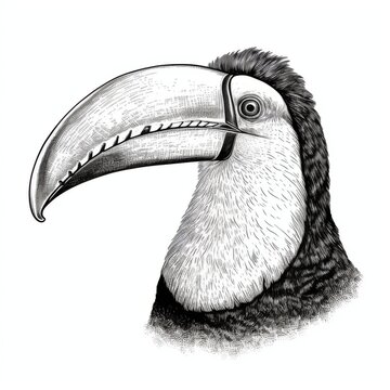 recommend clip art: Black and white Vintage engraved art of a portrait of a toucan isolated on white background, ink sketch illustration, simple vector art design, highly detailed line art, high contrasty. 