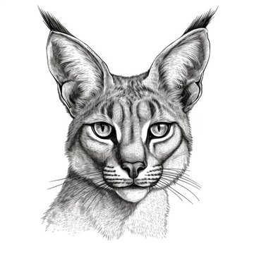 recommend clip art: Black and white Vintage engraved art of a portrait of a caracal isolated on white background, ink sketch illustration, simple vector art design, highly detailed line art, high contrasty