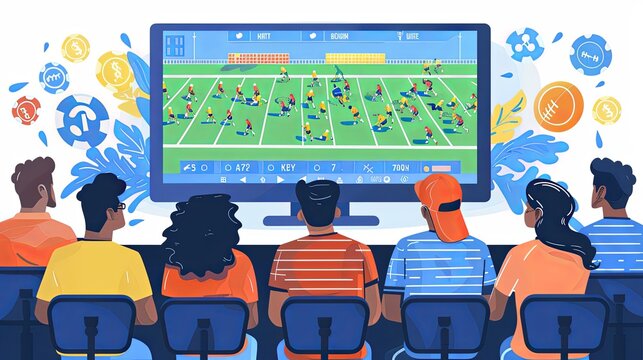 vector, illustration, People watching rugby match, wagering on American football online. Person bets on sports, play games of fortune, chance game. Gambling service, bookmaker app concept. Flat isolat