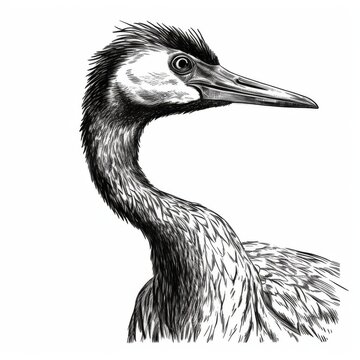 recommend clip art: Black and white Vintage engraved art of a portrait of a crane isolated on white background, ink sketch illustration, simple vector art design, highly detailed line art, high contrasty
