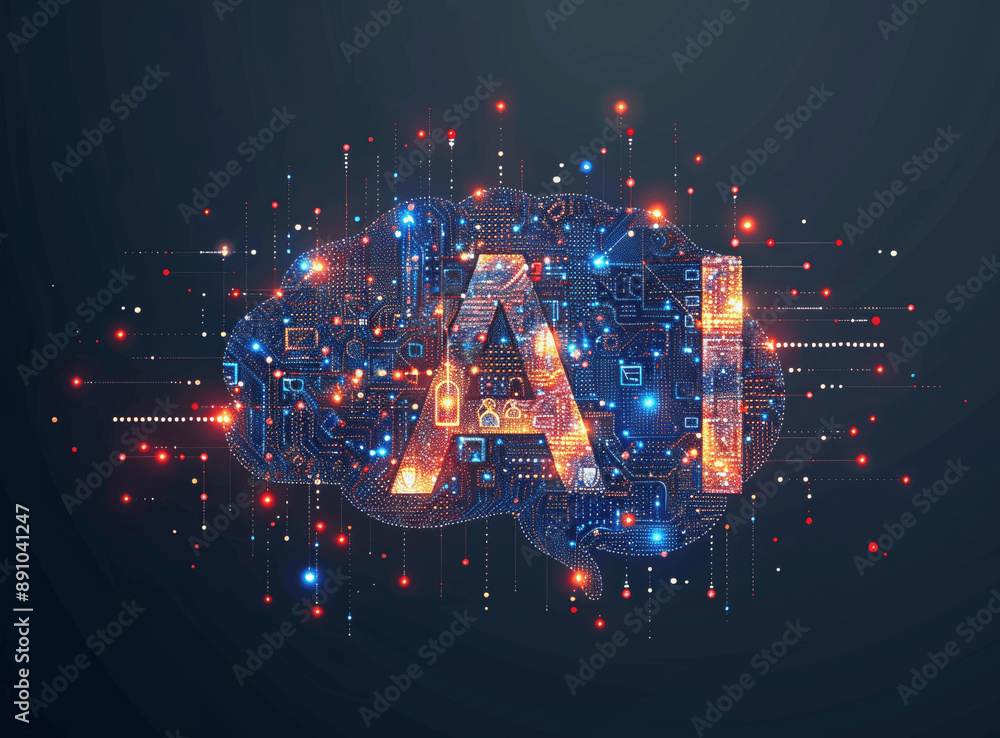 Poster ai brain vector illustration with circuit board pattern and letters 'ai' on blue background - techno