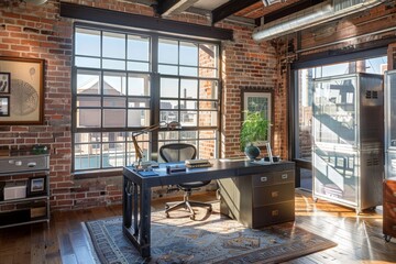 Modern Industrial Office Space with Brick Walls and Large Windows