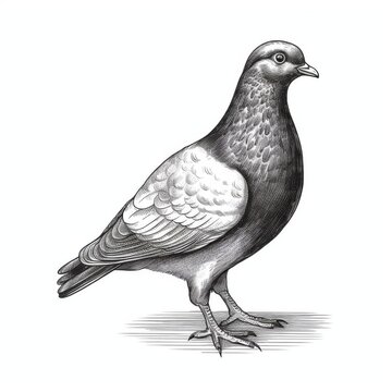 recommend clip art: Black and white Vintage engraved art of a pigeon isolated on white background, ink sketch illustration, simple vector art design, highly detailed line art, high contrasty.