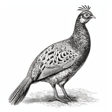 recommend clip art: Black and white Vintage engraved art of a pheasant isolated on white background, ink sketch illustration, simple vector art design, highly detailed line art, high contrasty. 