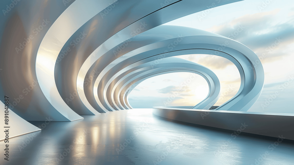 Poster abstract futuristic background with curved lines and empty concrete floor