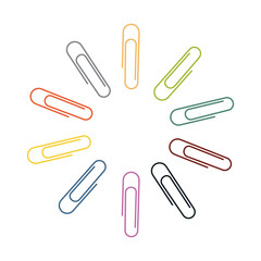 Colored paper clips on a white background. Set of early colored fasteners for documents, stationery, school equipment.Vector illustration in flat style.