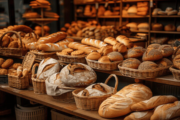 Fresh Bread and Pastries on Bakery Counter with Various Loaves, Buns, Rolls, Baguettes, Bagels, and Cookies in Baskets on Shelves