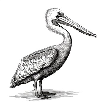 recommend clip art: Black and white Vintage engraved art of a pelican isolated on white background, ink sketch illustration, simple vector art design, highly detailed line art, high contrasty. 