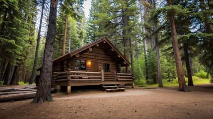 A rustic cabin in the woods, built from aged timber, surrounded by tall pine trees and a serene forest atmosphere
