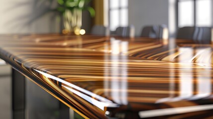 Obraz premium A wooden table with a high-gloss lacquer finish, reflecting ambient light, showing intricate wood grain patterns