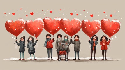 vector, illustration, People hold big blank Hearts. Persons with bicycle, carrying heart in shopping cart. Cartoon style. Hand drawn Vector illustration. Love, Valentine's day, romance concept. Isolat