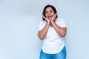 young woman with hands on chin, a space for your product or message, person, advertising concept, mockup space