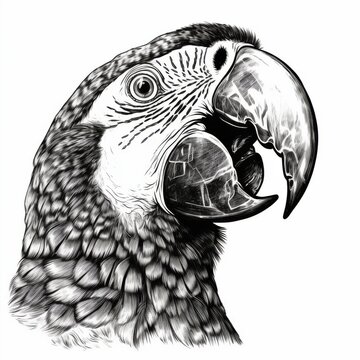 recommend clip art: Black and white Vintage engraved art of a macaw shocked portrait isolated on white background, ink sketch illustration, simple vector art design, highly detailed line art, high contrasty