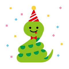 とぐろを巻いた、かわいいへびのイラスト。パーティーの帽子をかぶった、へびのイラスト素材。